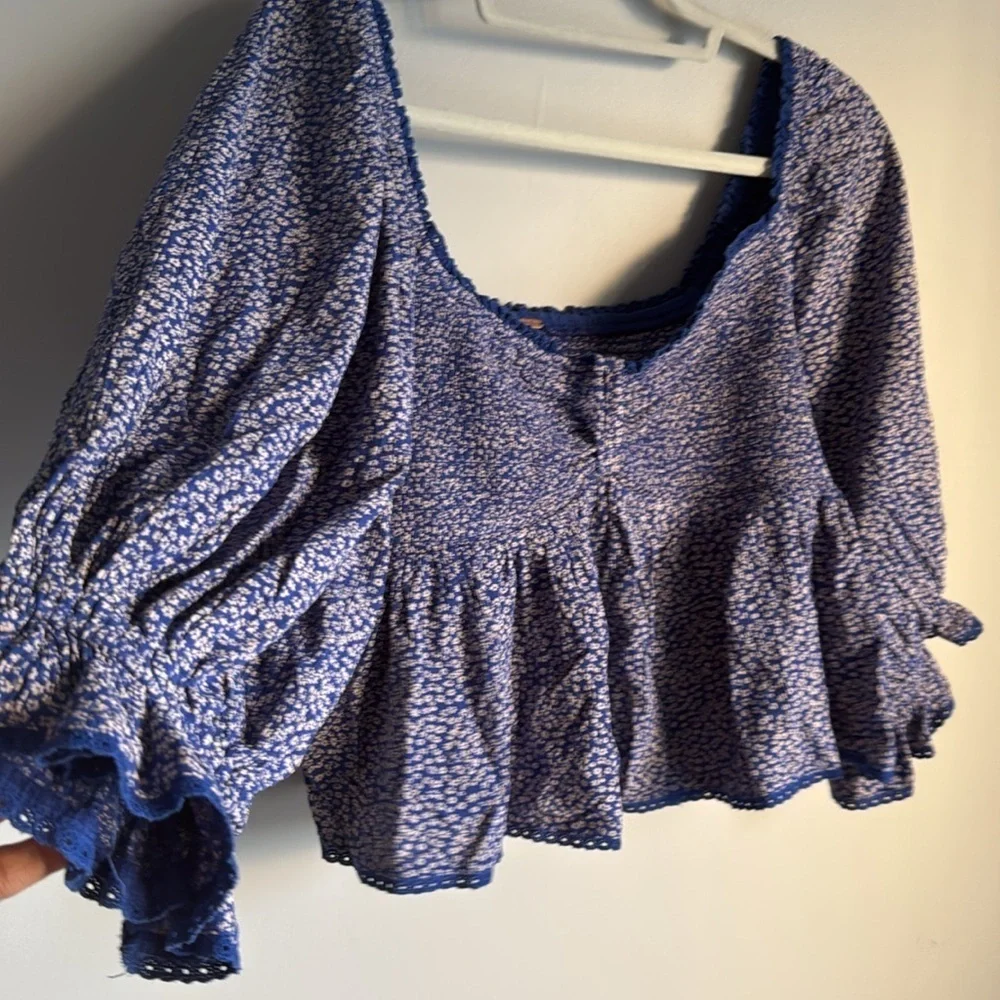 Free People Britnee Floral Cropped Peplum Smocked Puff Sleeve Top Large - Picture 6 of 10